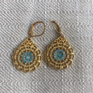 Gold Floral Inspired Earrings with Blue Crystals